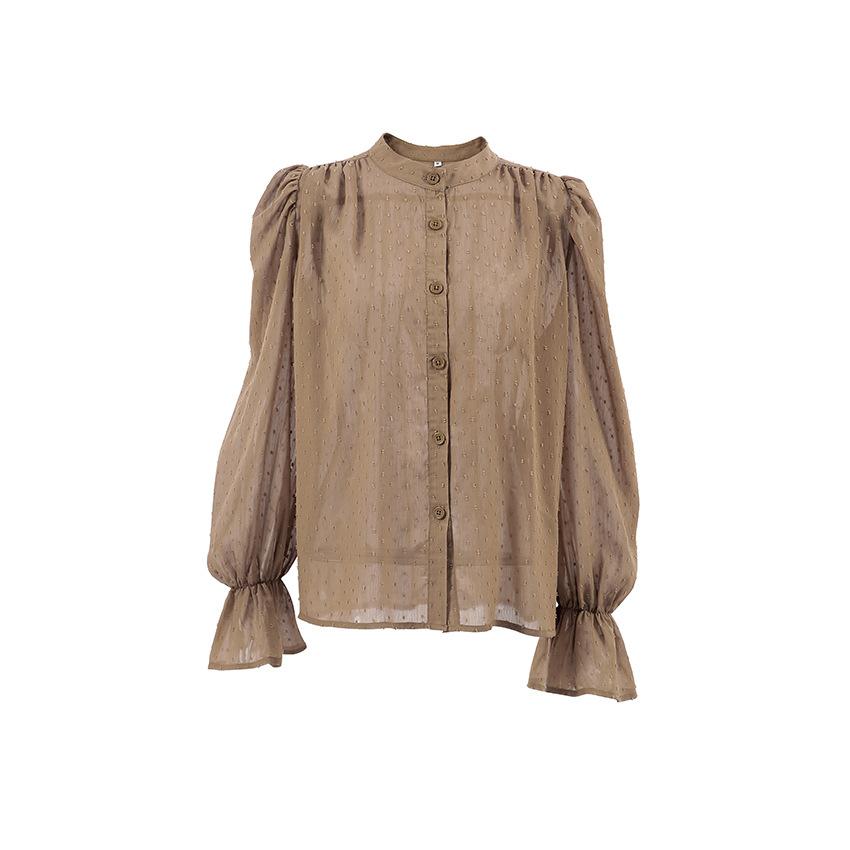 Autumn French temperament fashion jacquard chiffon shirt women's niche loose ruffle edge bubble sleeve shirt top