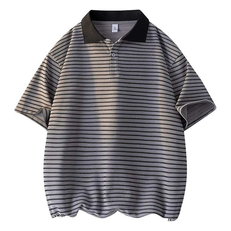 Men's casual lapel POLO shirt summer loose striped versatile short-sleeved T-shirt