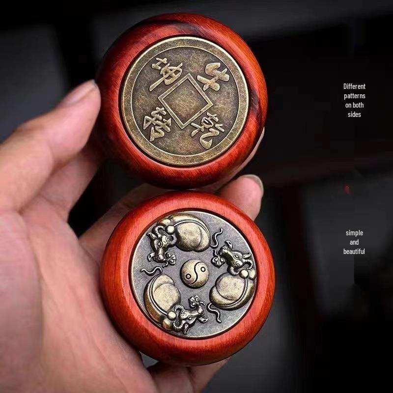 Exquisitely Carved Rosewood Hand Piece with Eight Directions & Double-sided Copper Inlay