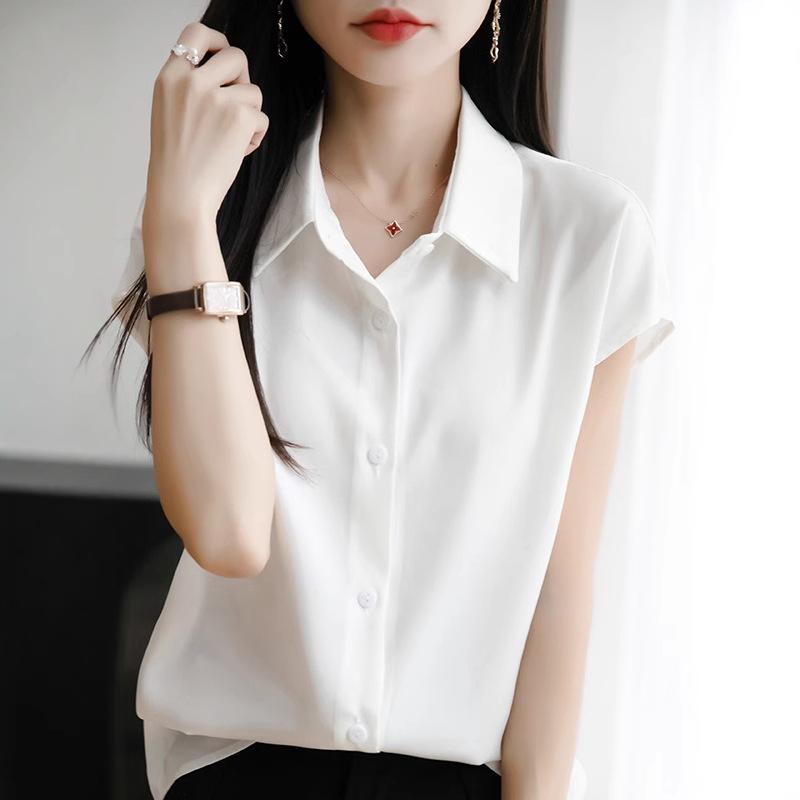 Women's Silky Satin Short-Sleeve Cardigan Top with POLO Collar – Versatile and Professional