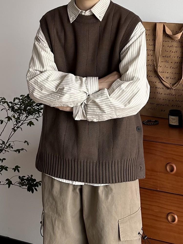 Japansk Retro Herr- & Damstickad Rundhalsad Väst för Lager på Lager Höst & Vinter