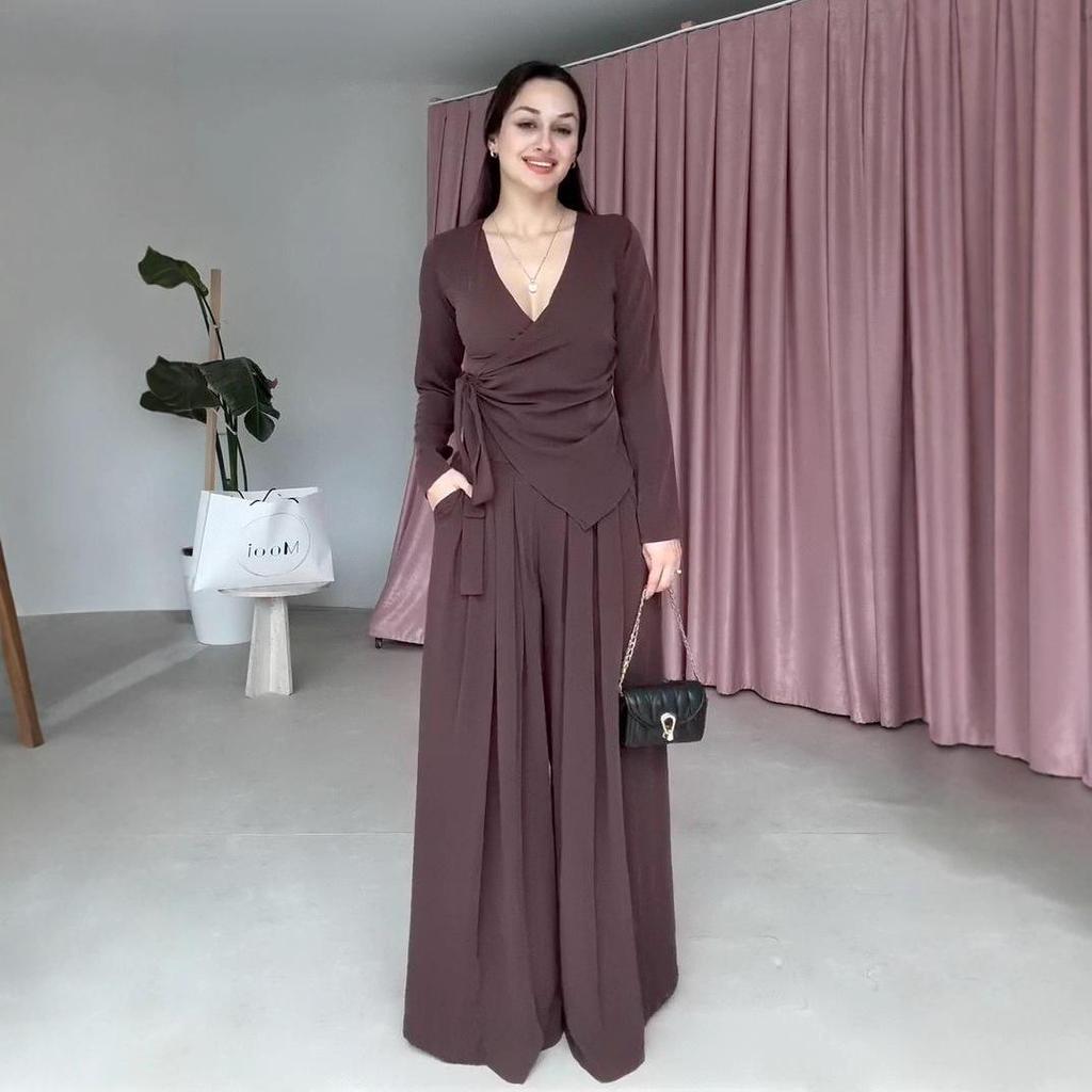 2025 Autumn Elegant Women's V-Neck Ruched Top & Wide-Leg Pants Set