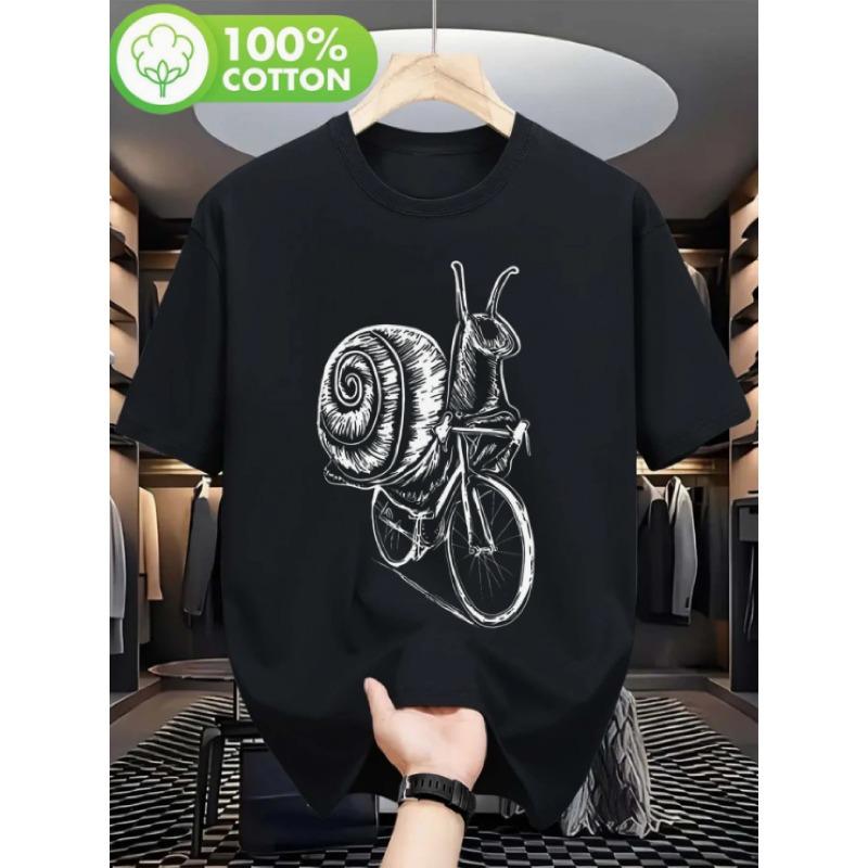 European sizes Men'S Funny Snail Riding Bike Graphic T-Shirt - Breathable Black Casual Short Sleeve Round Neck