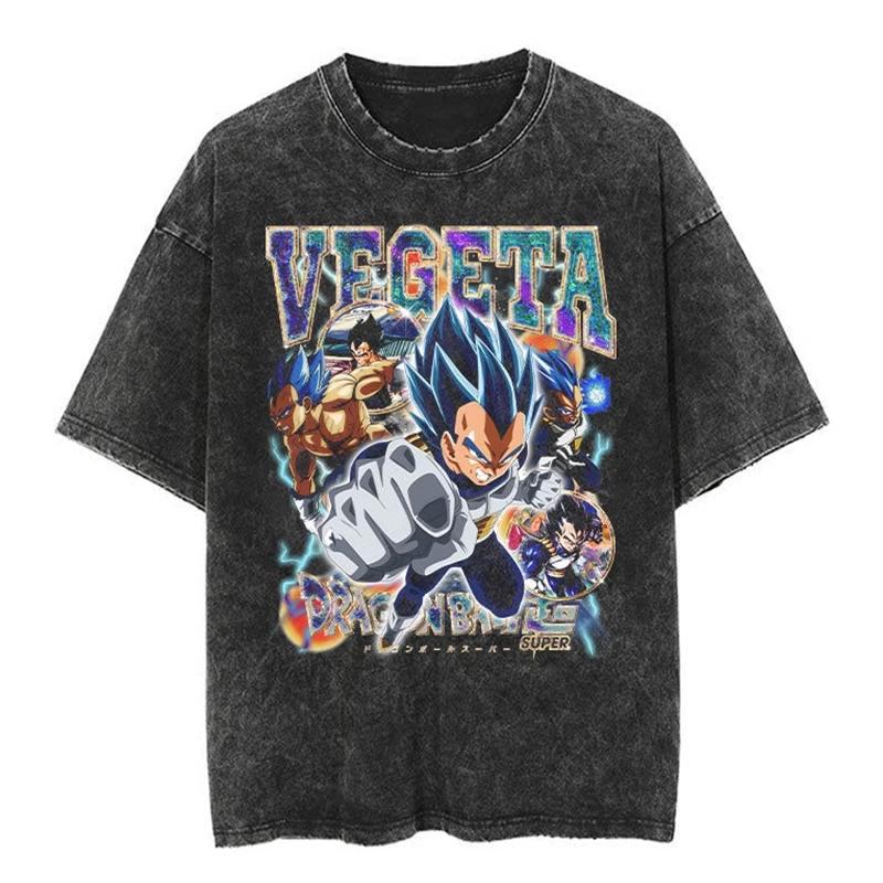 T-shirt a maniche corte lavata effetto invecchiato Giapponese Classico Dragon Ball Goku Cartone Animato Anime Oversize High Street Vintage Uomo e Donna