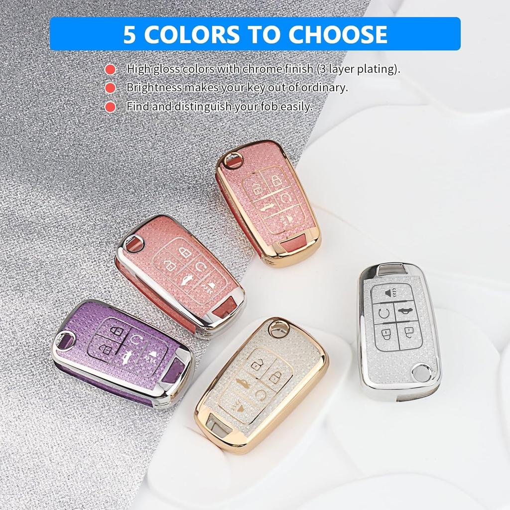 QBUC for Chevy Key Fob Cover with Diamond Keychain, for Chevrolet Equinox Malibu Camaro Cruze Impala GMC, for Buick LaCrosse Regal Allure Key