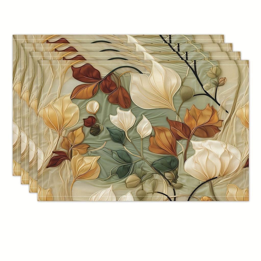 4/6 pièces Tapis de Table Floraux Élégants - Rectangulaire en Lin, Lavable en Machine, Motif Feuille d'Automne & Fleur Blanche, Parfait pour Thanksgiving, Famille