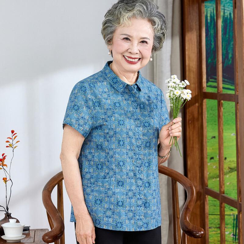 Elderly Women s Pure Cotton Floral Short-Sleeve Blouse L