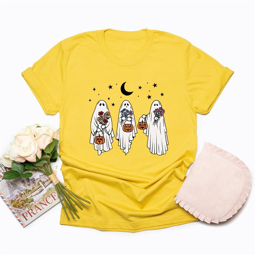 Vintage Halloween Ghost T-Shirt Floral Spooky Pumpkin Tee Casual Short Sleeve Women Halloween Shirt Spooky Season Graphic Tees