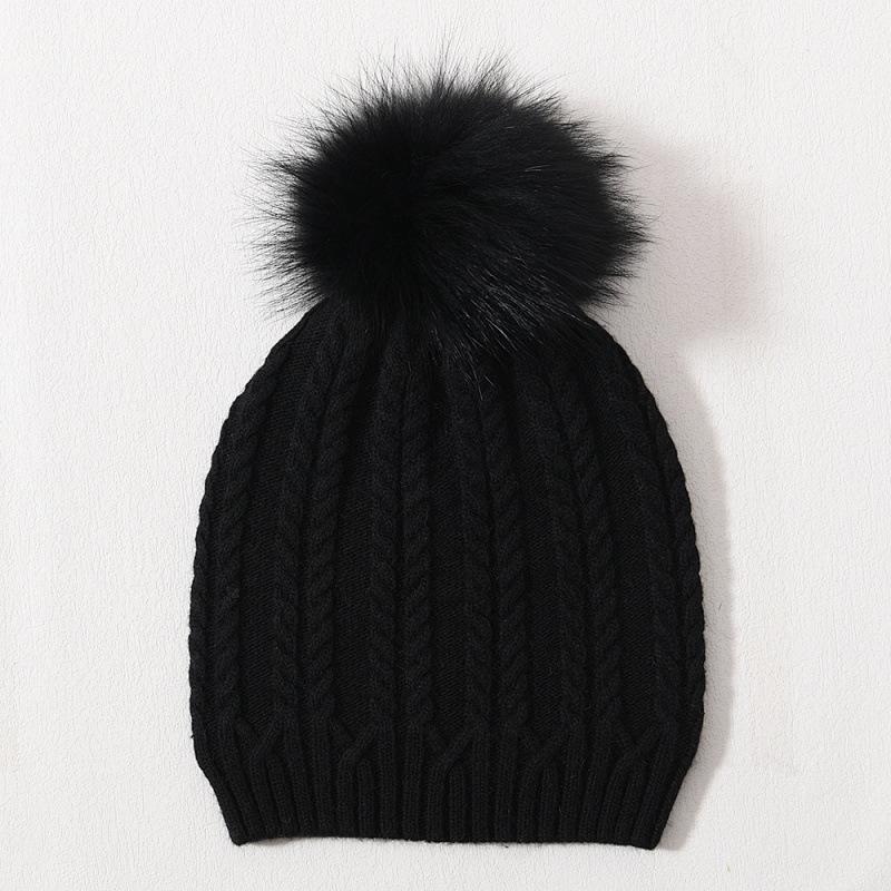 Versatile warm rabbit down knitted hat women's solid color outdoor twist pattern wool hat winter ear protection windproof