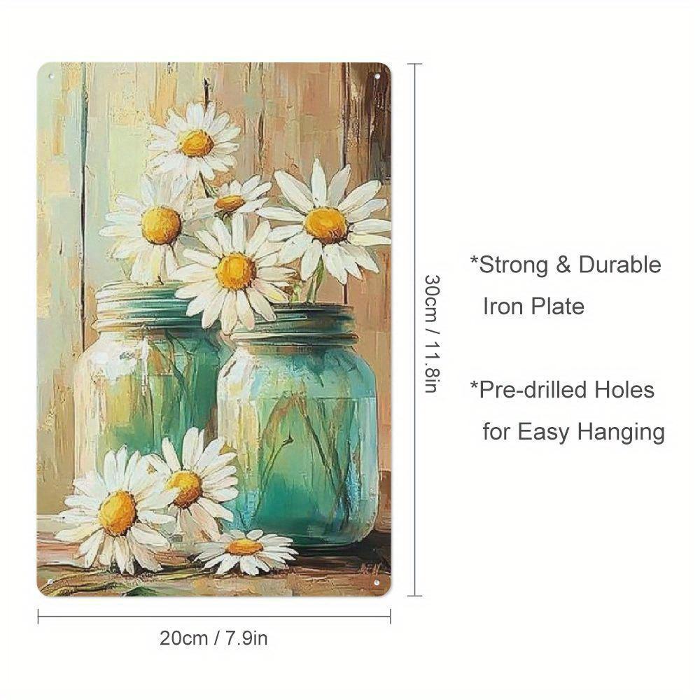2D Flat, 1pc Vintage Floral Metal Tin Sign Wall Art - Rustic Mason Jars with Daisies Design, Distressed 8x12 Inch Home Decor for