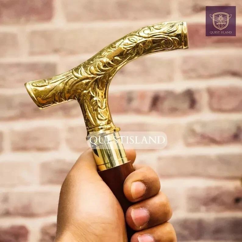 

Walking Stick Handle Brass Wooden Victorian Foldable Cane Collectible Men s Gift