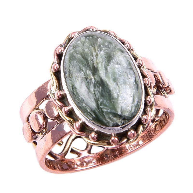 Natural Seraphinite Gemstone 925 Solid Silver Jewelry Two Tone Ring S.9US A2d60