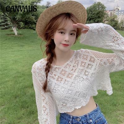 Sweet Hollow Thin Section Knitted Sun Shirt Loose Short Section Pullover Hoodie Lace Shirt Women's Summer Beach Tops