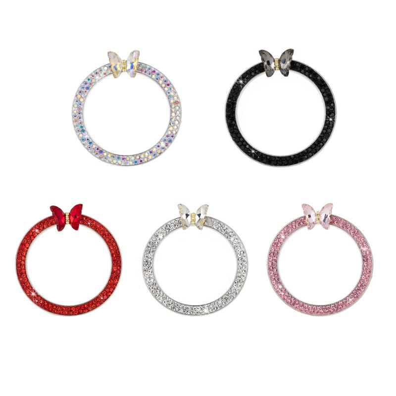 5pcs Diamond Bow Bell Car Start Button Decoration Rhinestone Circle One Click Start Button Engine Start Stop Switch Button Cover