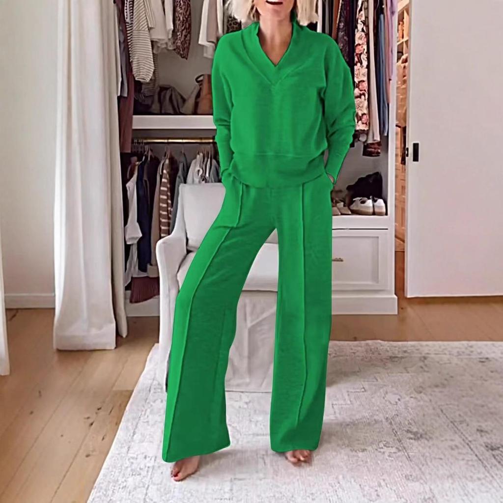 European & American Women's V-Neck Long Sleeve Top & Wide-Leg Pants Set for Autumn/Winter 2025.