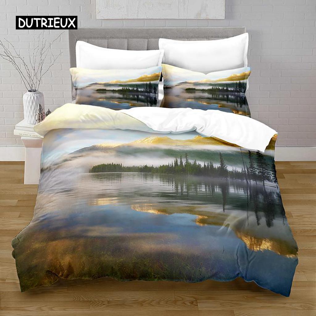 Lake Duvet Cover Set Lake Mountain Peak Stone Pattern Quilt Cover For Teens Adults Natural Scenery Theme Microfiber Bedding Set