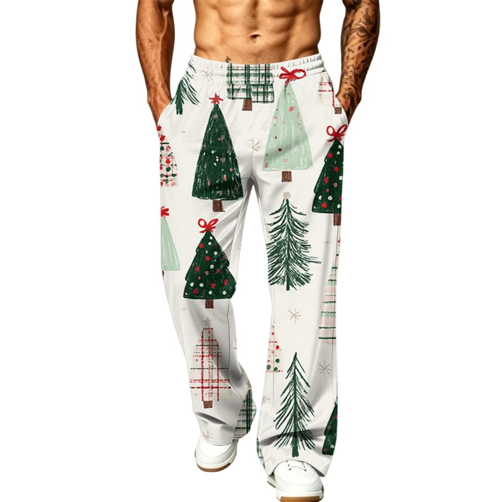 Men's Fashion Casual Loose Fit Wide Leg Christmas Print Sports Pants with Pockets