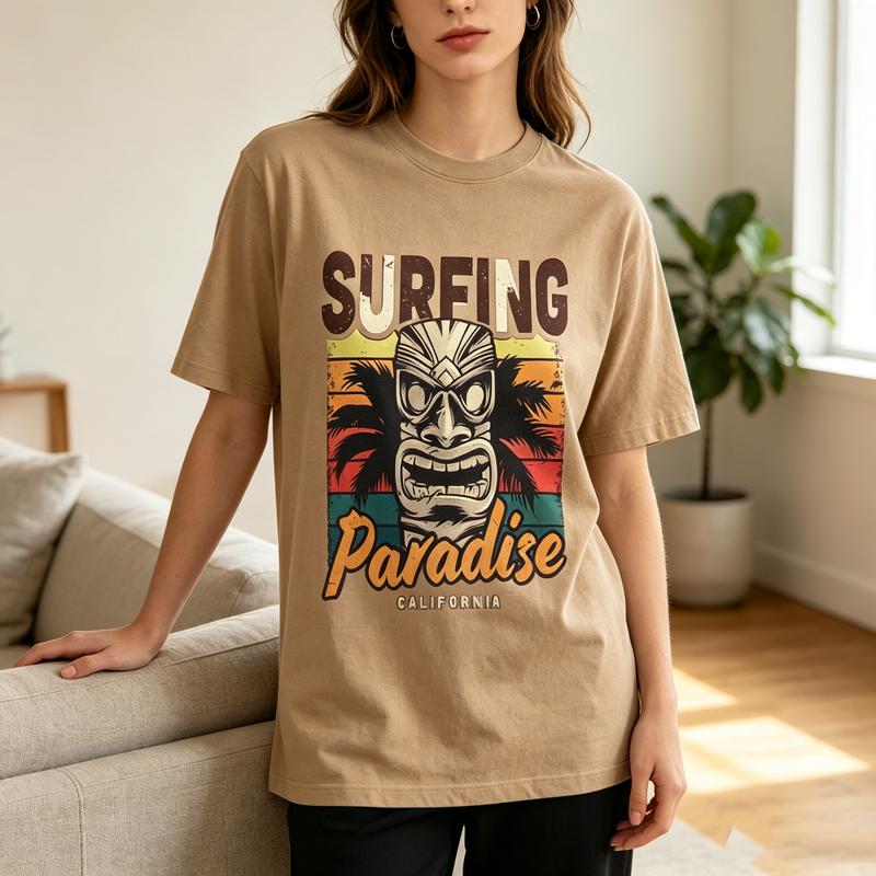 Surfing Paradise California Tiki Mask Palm Tree Vintage Graphic T Shirt Unisex Unisex Cotton Short Sleeve Tee Beach Surf Casual