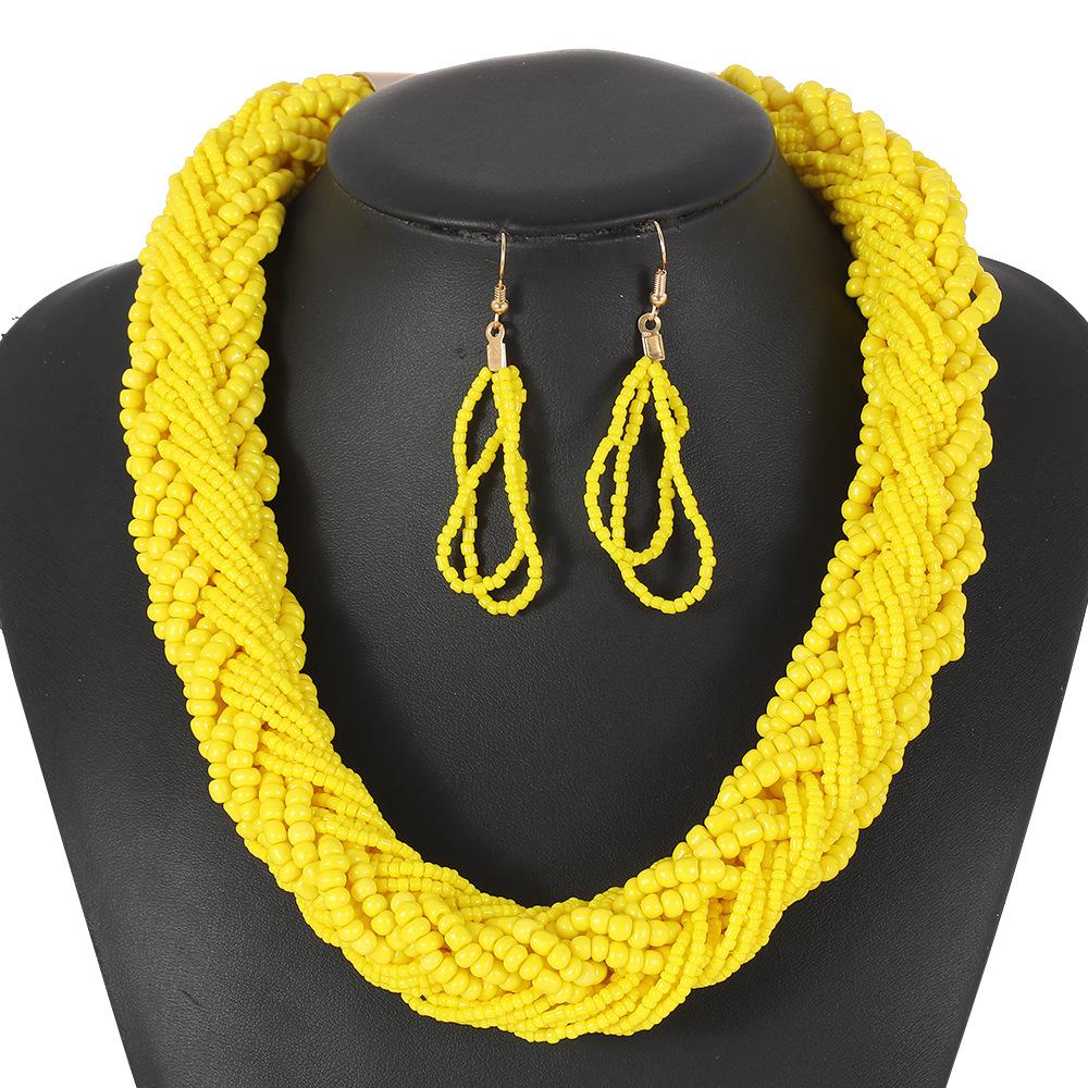 Bohemian Style European Colorful Multi-layer Rice Beads Handmade Woven Necklace Earrings Set