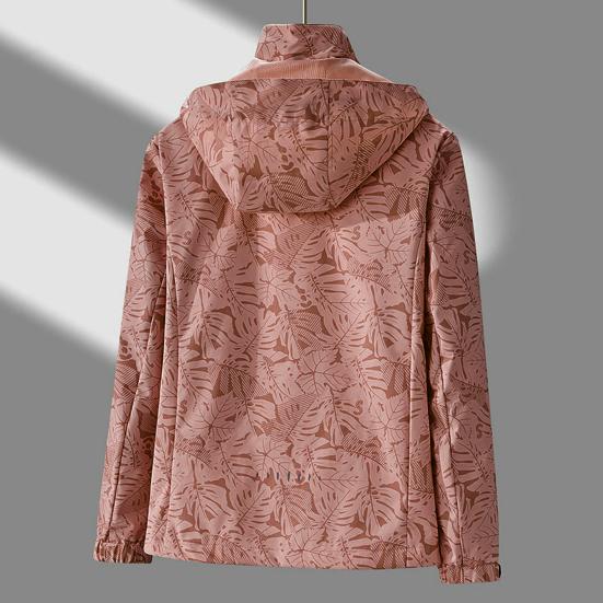Giacca da donna Giacca a vento da esterno Stampa a foglie Impermeabile traspirante monostrato Manica lunga con cappuccio Tasche con cerniera Zip Up Cappotto primaverile da donna