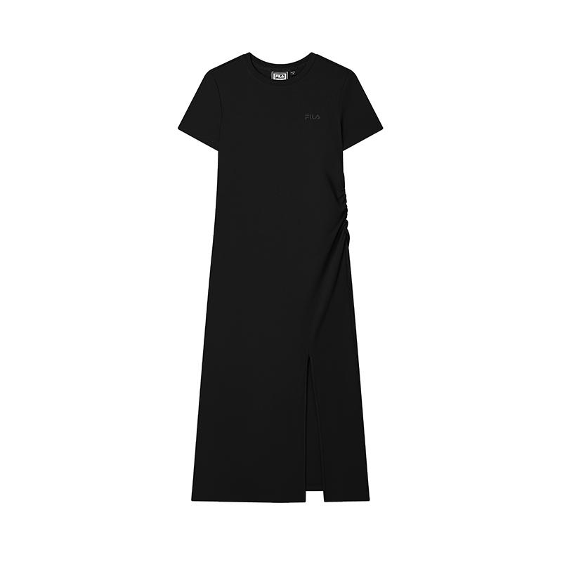 FILA Original Goddess Split Dress II Fashion Simple Slim Knit Short Sleeve Dress Women dresses Black F51W529314F-BK