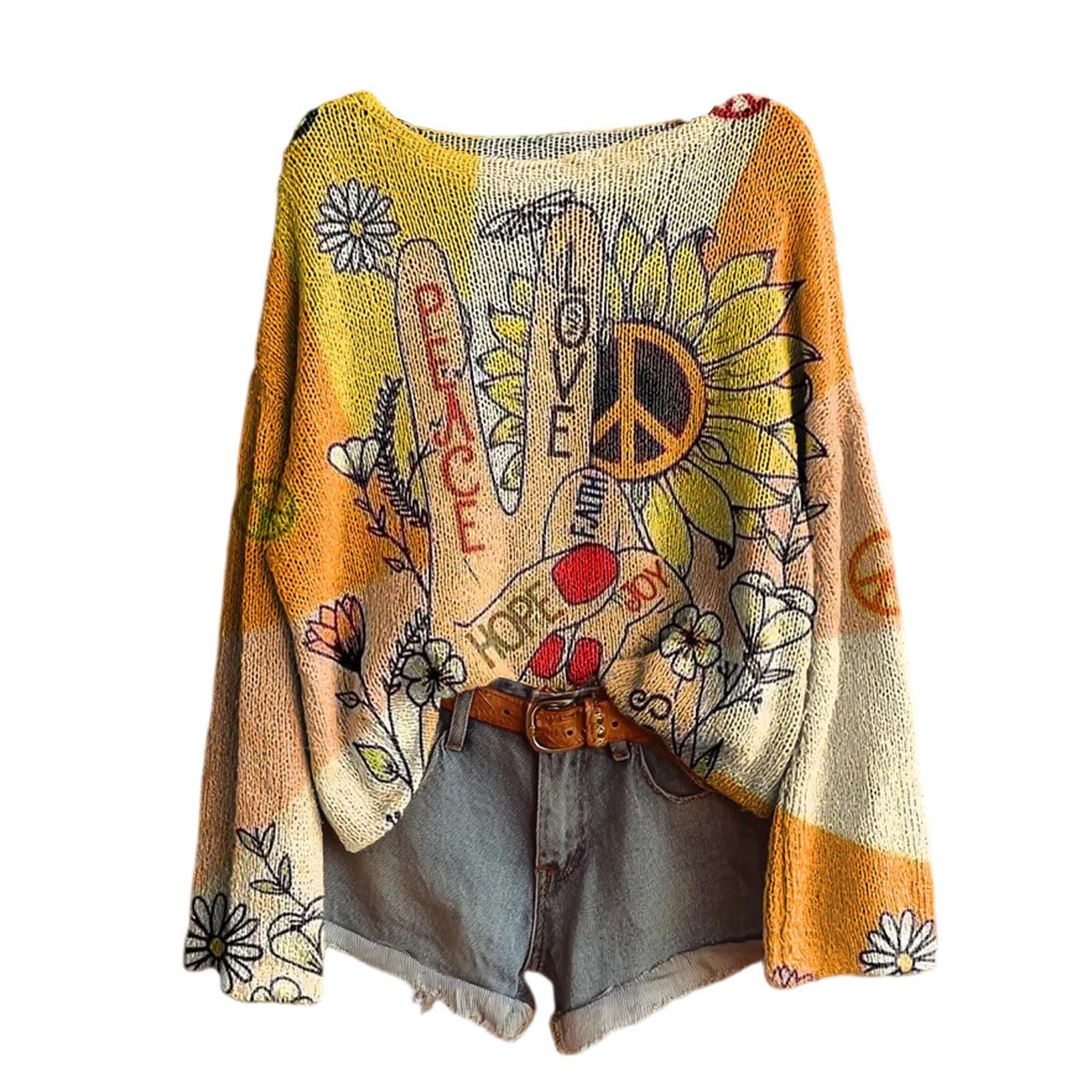

Women s Vintage Ethnic Floral Art Print Casual Pullover Sweater M