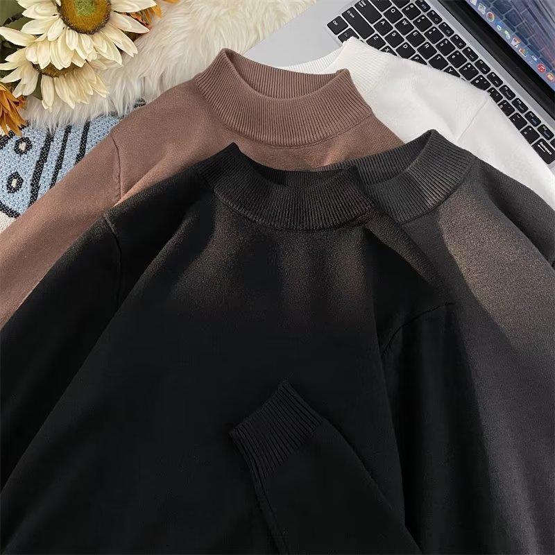 Men's Korean Style Mid-Neck Knit Sweater - Long Sleeve, Loose Fit, Solid Color, Autumn/Winter Layer