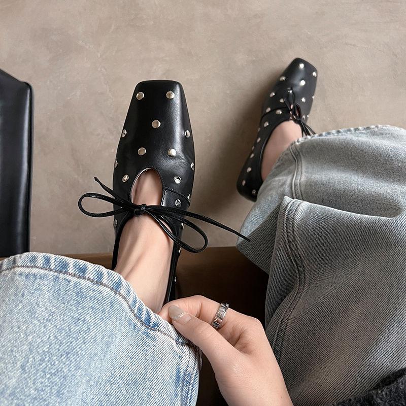 Fashion Size 34-40 Women Casual Loafers Genuine Leather Rivet Flats Shoes Thick Low Heels for Spring 2025 New Slip on Office Daily Dress