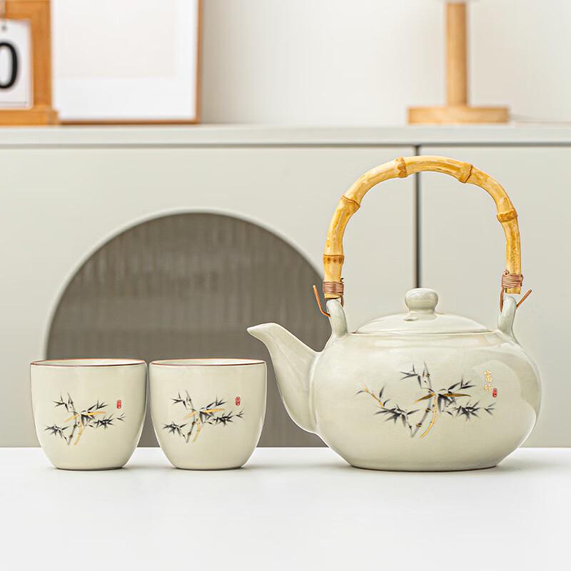 Lainuo Beige Ru Kiln Bamboo Handle 3-Piece Tea Set