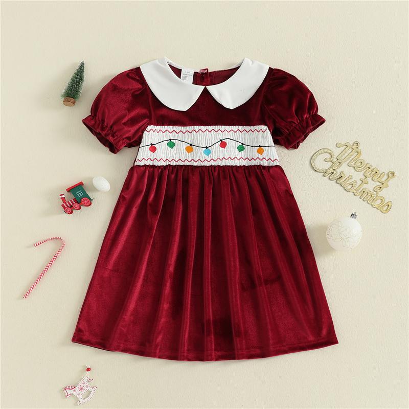 

Kids Girl Christmas A Line Dress String Lights Embroidery Long Sleeves Doll Collar Velvet Dress Children Dress 100