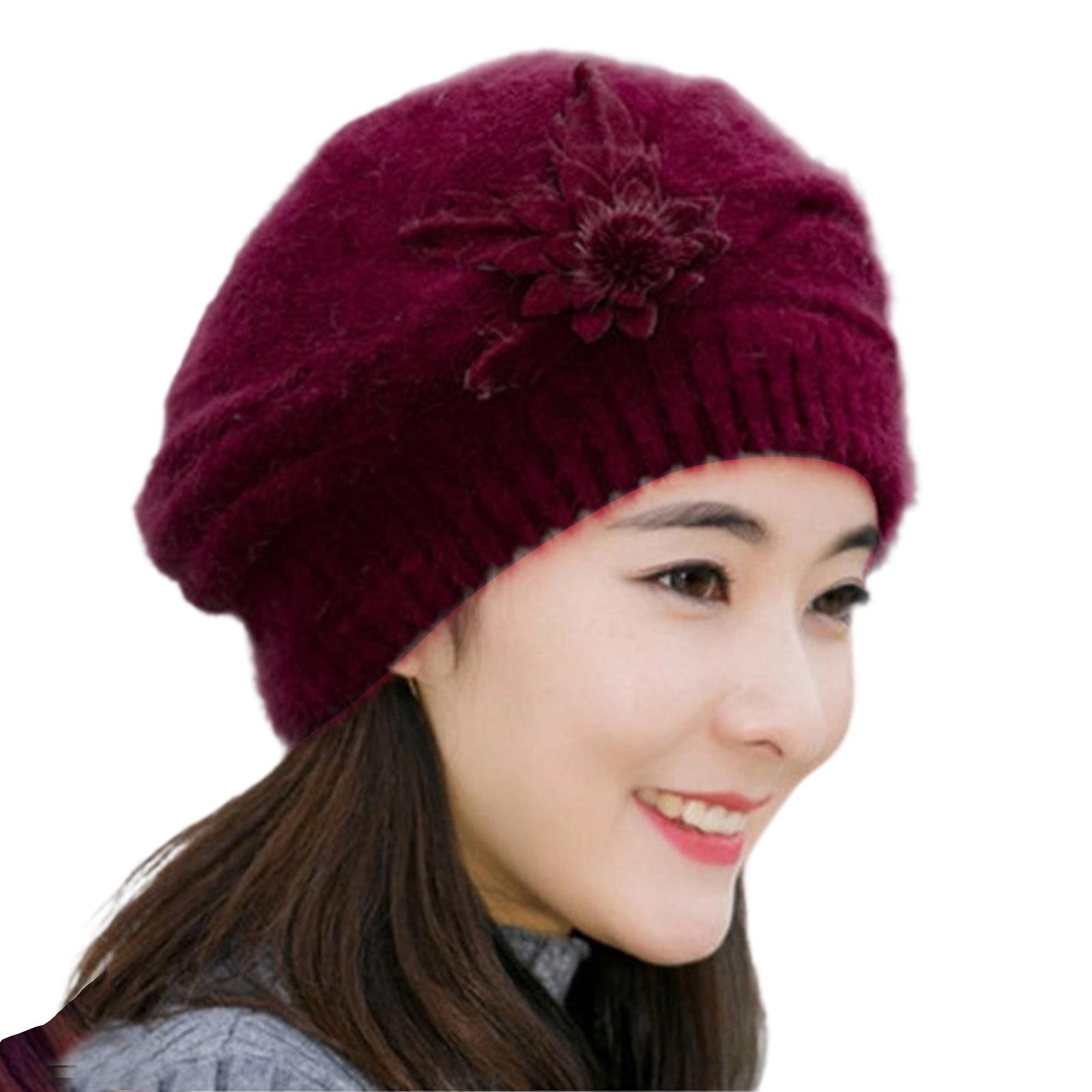 

Fashionable Beret Hat With Plush Rabbit Furs Flower Decors Pullover Brimless Hat for Women Office Winter Head Accessory бордовый