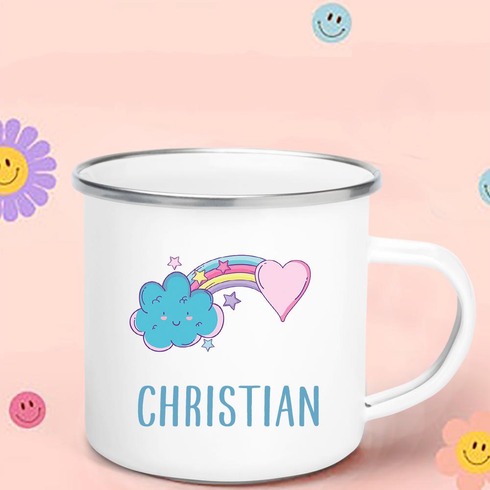 Regenbogen-Wolken-Print Emaille Kaffeetasse Wasser-Milch-Becher Personalisierter Name Kindergeburtstag Party Dekoration Weihnachten Kindertag Neujahrsgeschenk