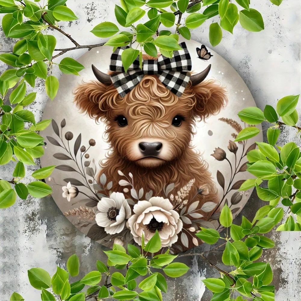 Metal Art Wall Decor Highland Cow Floral Wreath Round Sign Farmhouse Home Kitchen Gift