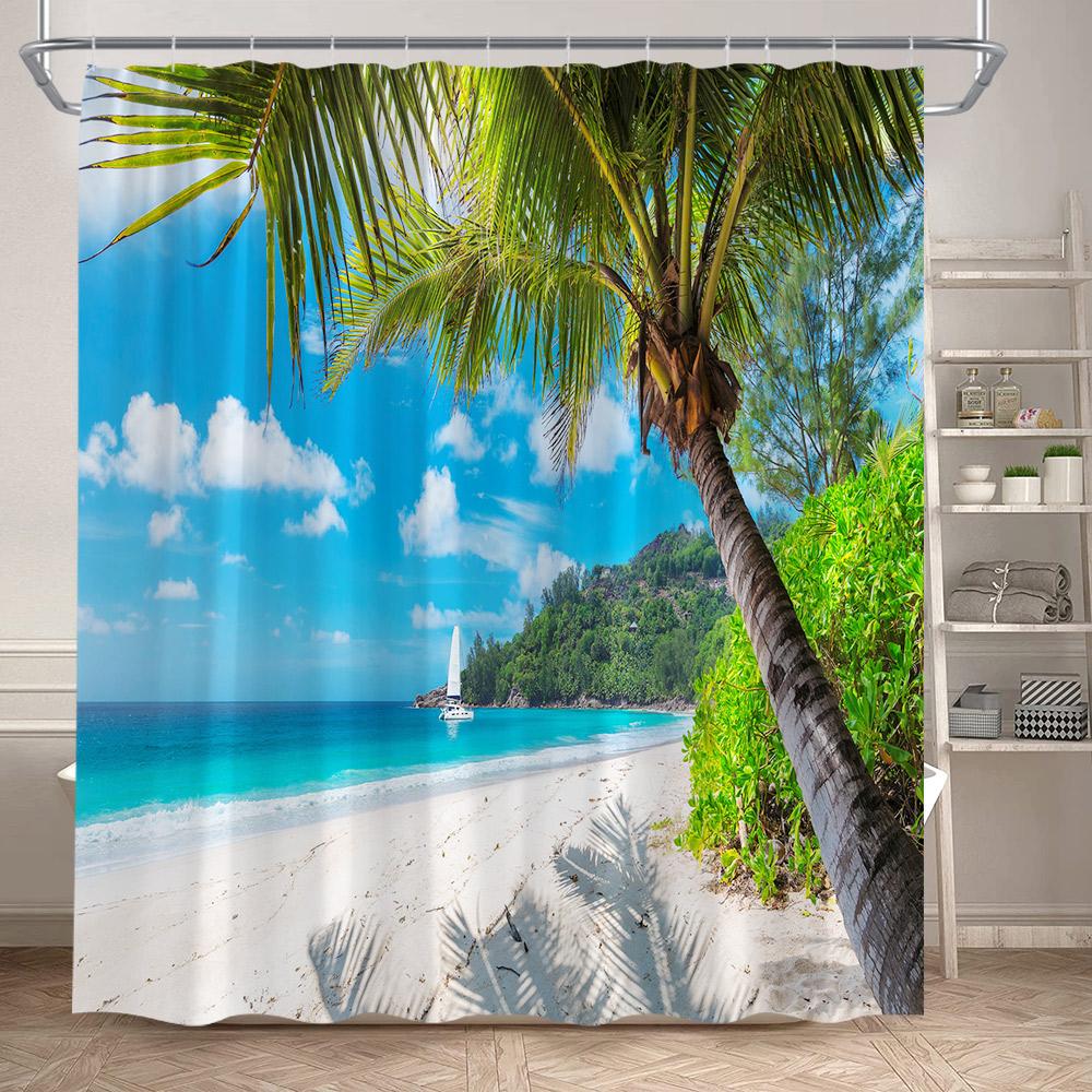 Tende da Doccia con Vista sull'Oceano Spiaggia dell'Isola Alberi di Cocco Hawaii Paesaggio Naturale Tessuto da Appendere alla Parete di Casa Decorazione per Tende da Bagno
