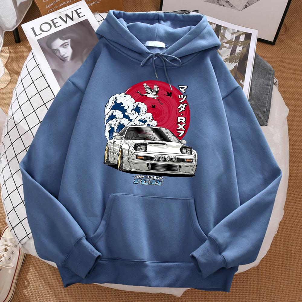 Japanese Car Waves Crane Red Sun Prints Hoody Men Fashion Oversize Sweatshirt Autumn Pocket Warm Hooded Hipster Soft Streetwear
