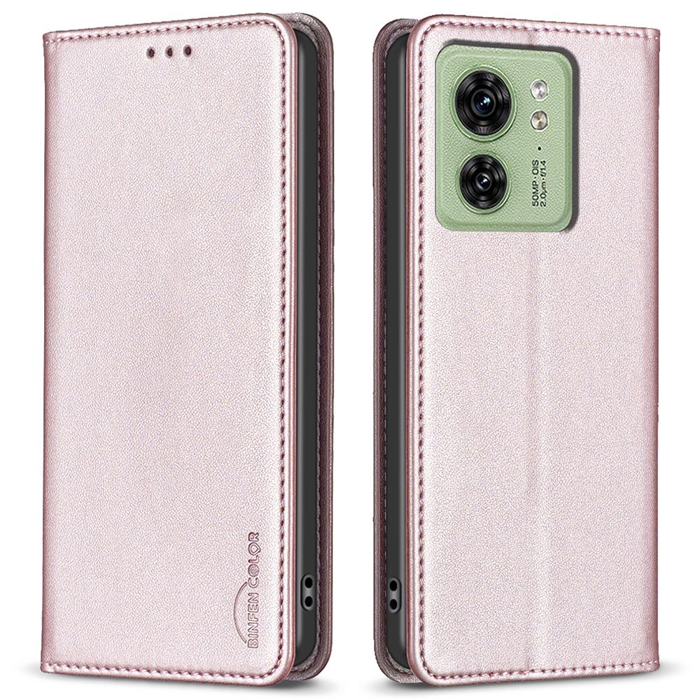 

BINFEN COLOR BF18 For Motorola Edge 40 5G Leather Flip Cover Auto-absorbed Magnetic Phone Case with Card Holder Rose Gold