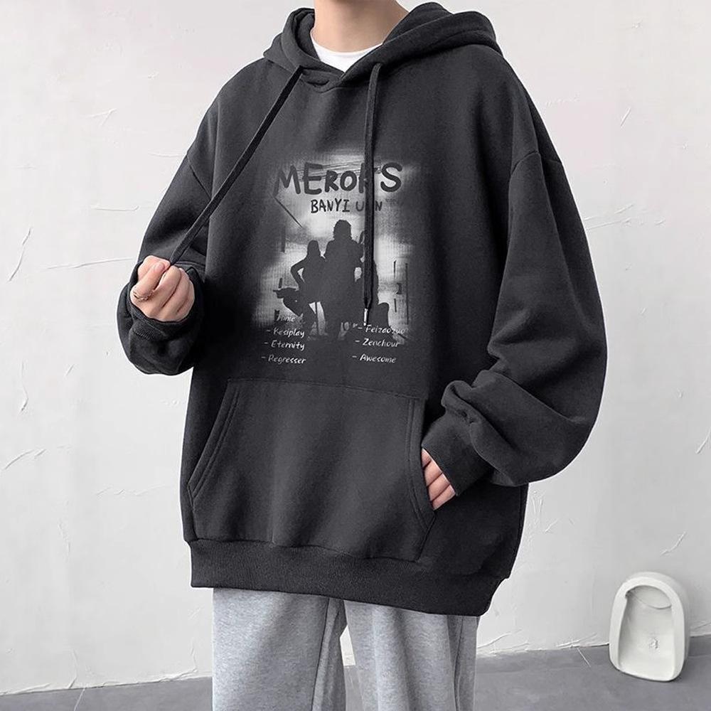 Printed Autumn and Winter Fleece Thickened Hooded Sweater Mens American Relaxed Fit Everyday Student Jacket