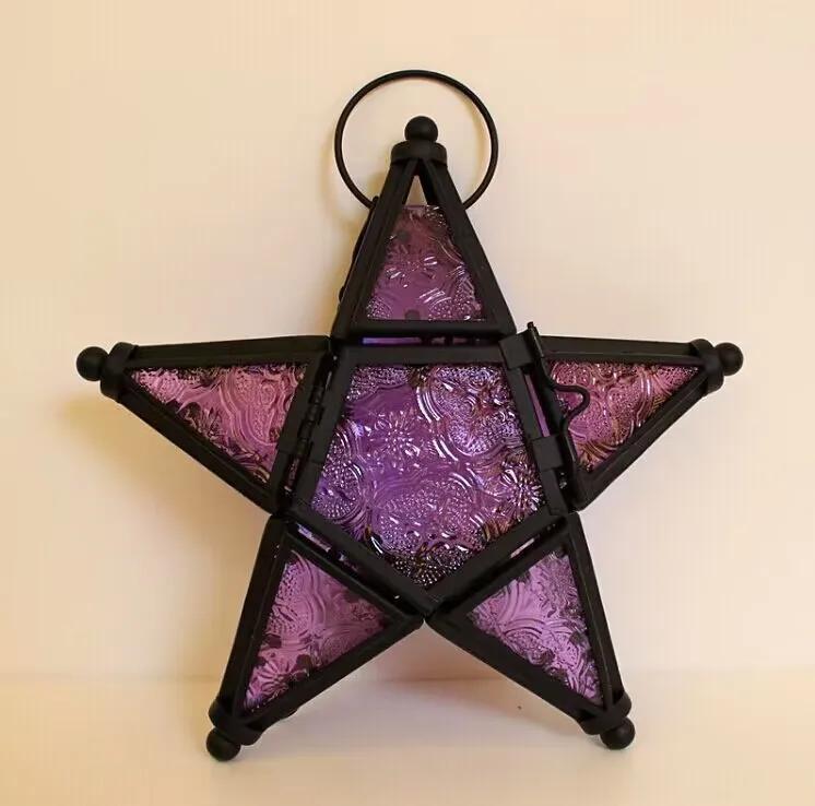 Nordic Retro Iron Art Colored Glass Wind Lamp Windproof Glass Candle Holder Hanging Five Pointed Star Candlestick Garden Decor