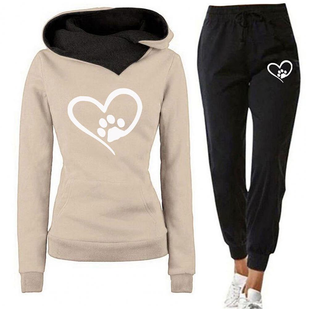2Pcs/Set Women Autumn Winter Heart Print Sport Outfit Hooded Long Sleeve Front Pocket Sweatshirt Tops Elastic Waist Jogger Pants
