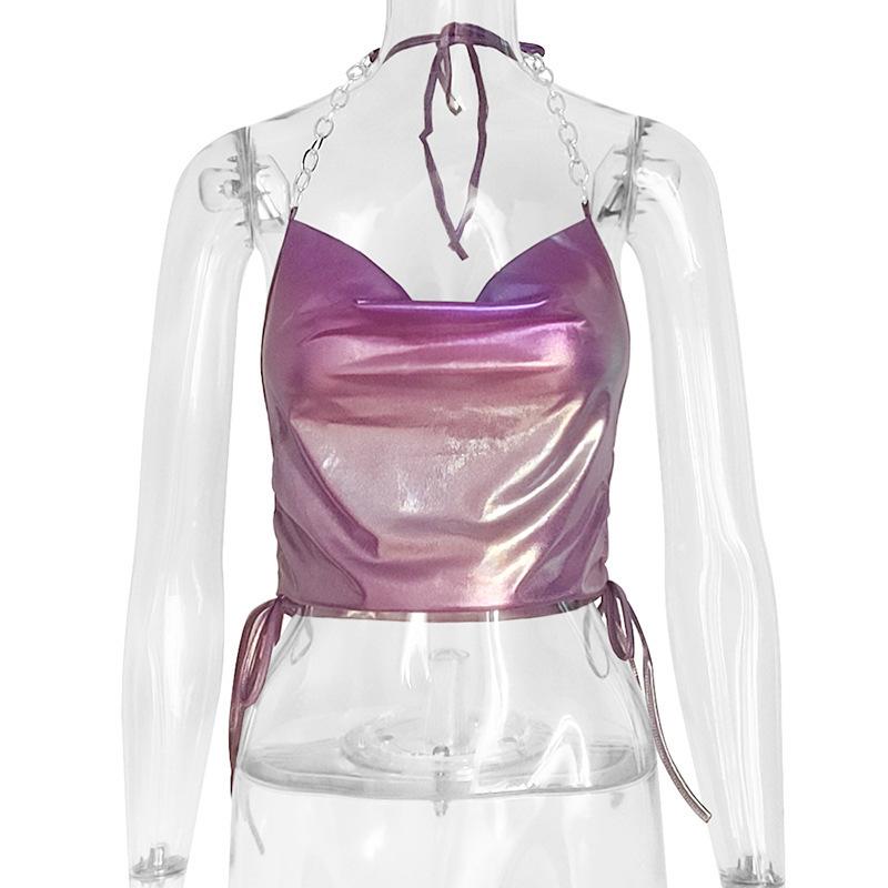 

Европейский/Американский Женский Безрукавный Топ-Холтер с Цветными Блоками - Облегающий Крой, Летняя Майка с Открытой Спиной Large фиолетовый