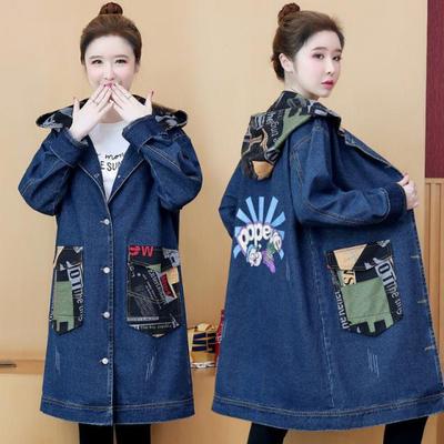 Plus Size 5XL Denim Jacket Spring Autumn Women Hooded Windbreaker Cartoon Printed Coat Long Outerwear Female Oversize Loose Overcoat