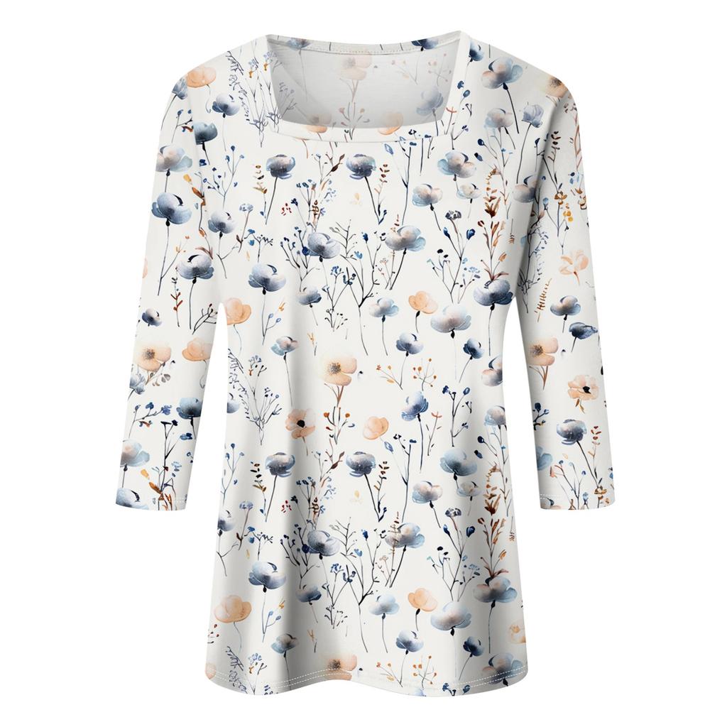 Women's 3/4 Sleeve Square Neck Floral Shirt Casual Loose Tunic Top