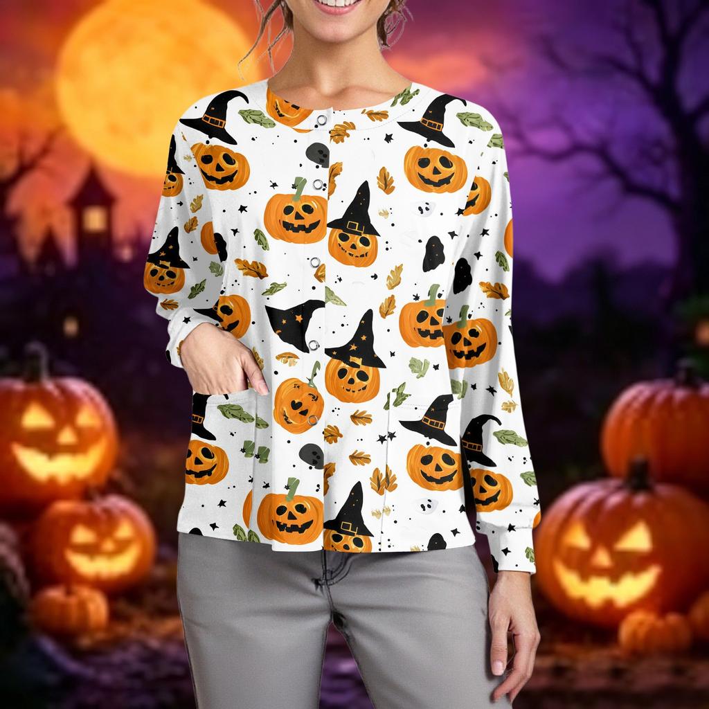 Women's Casual Long Sleeve Single Breasted Halloween Print Caregiver Cardigan Top Lightweight Comfortable Fit
