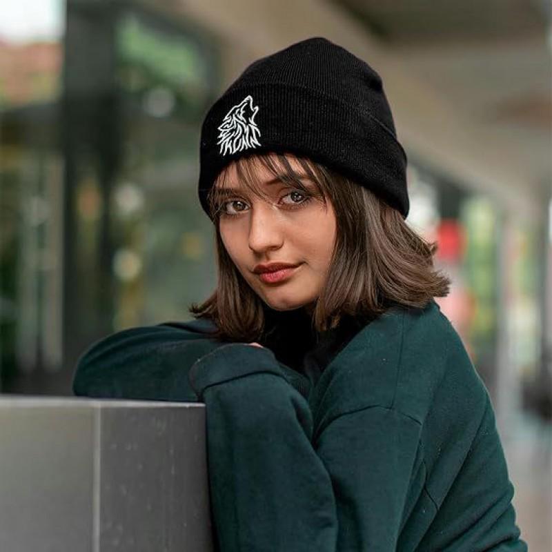Wolf Embroidered Knit Beanie Unisex Warm Winter Hat Street Style Animal Element