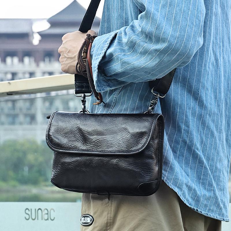 Street Trend Men's Shoulder Bag Leather Bag Men's Top Layer Cowhide Crossbody Bag Genuine Leather Casual Crossbody Bag Black Men's Bag