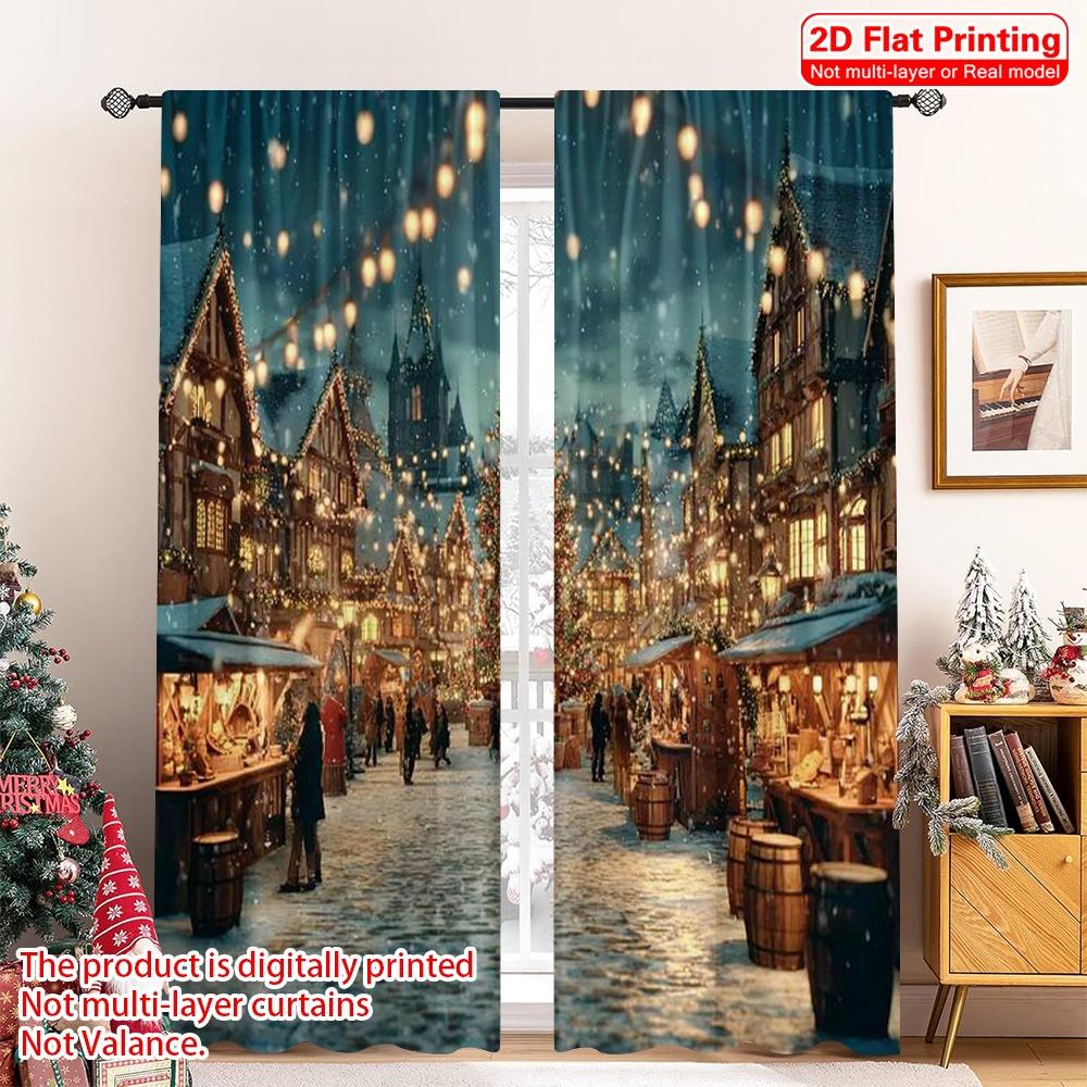 

Flat Printing Merry Christmas Popular Window Curtains Market Night View Versatile Polyester Fabric Without Curtain Set Of 2 Made Washable W100*H70(CM)-Rod Pocket&2PCS