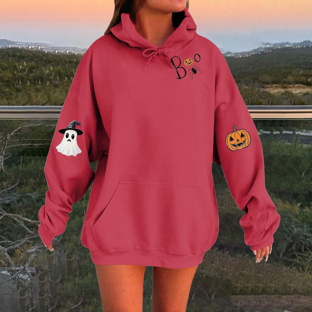Women's Solid Color Long Sleeve Casual Halloween Print Pullover Hooded Sweatshirt