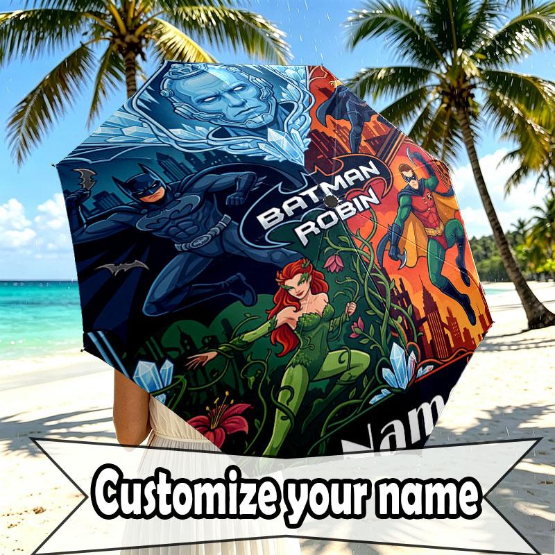Custom Name Personalized Batman Print Umbrella, Auto Open Close, 8‑Rib Sturdy Frame, Commute Camping Hiking Use, Birthday Gift