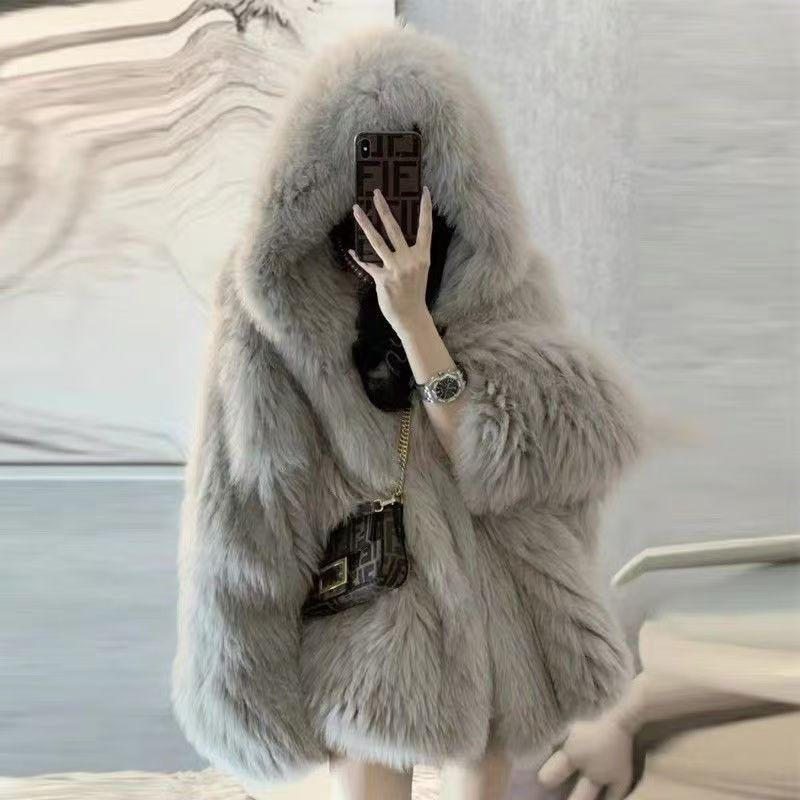 Imitation Fox Fur Women's Winter New Hooded Loose and Thin Fluff Jacket Light Trendy