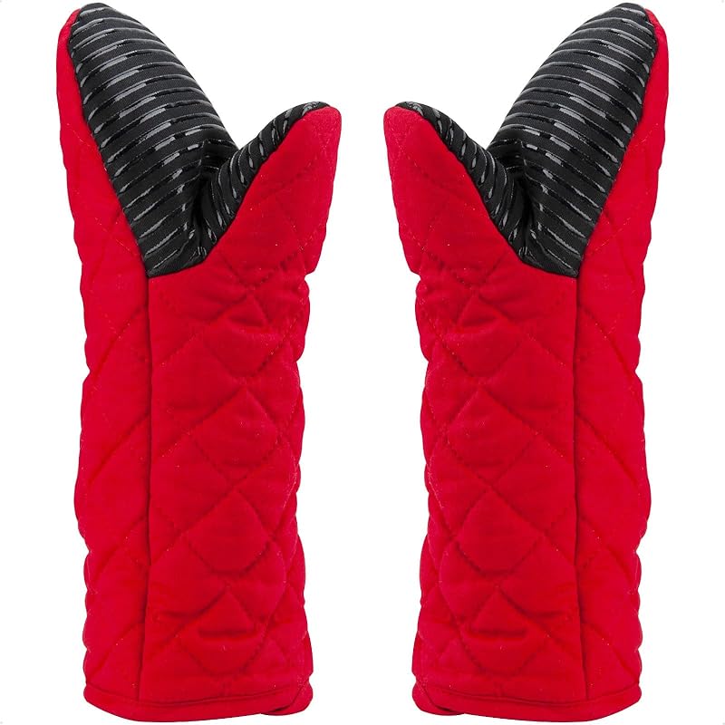 Puppet Oven Mitts Red Cotton Silicone Non-Slip Long Sleeve Arm Soft,Oven Gloves for Women Mum Hot 500℉ Heat Resistant Hand Safe Microwave Home